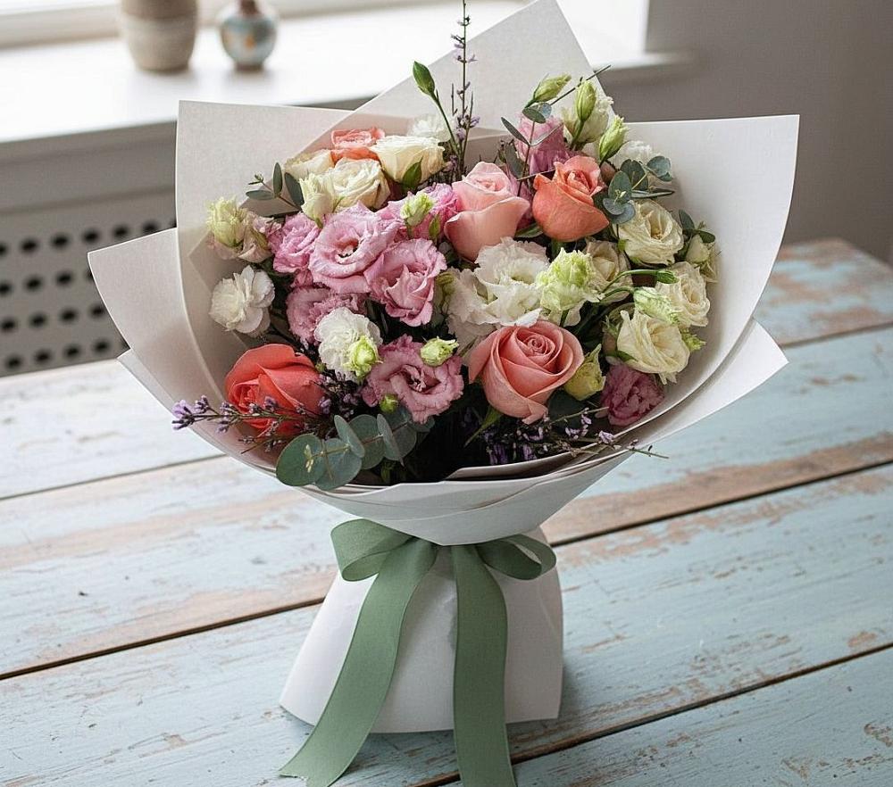 Букет цветов из: Розы, Лизиантусы и Гвоздики в Менделеевске