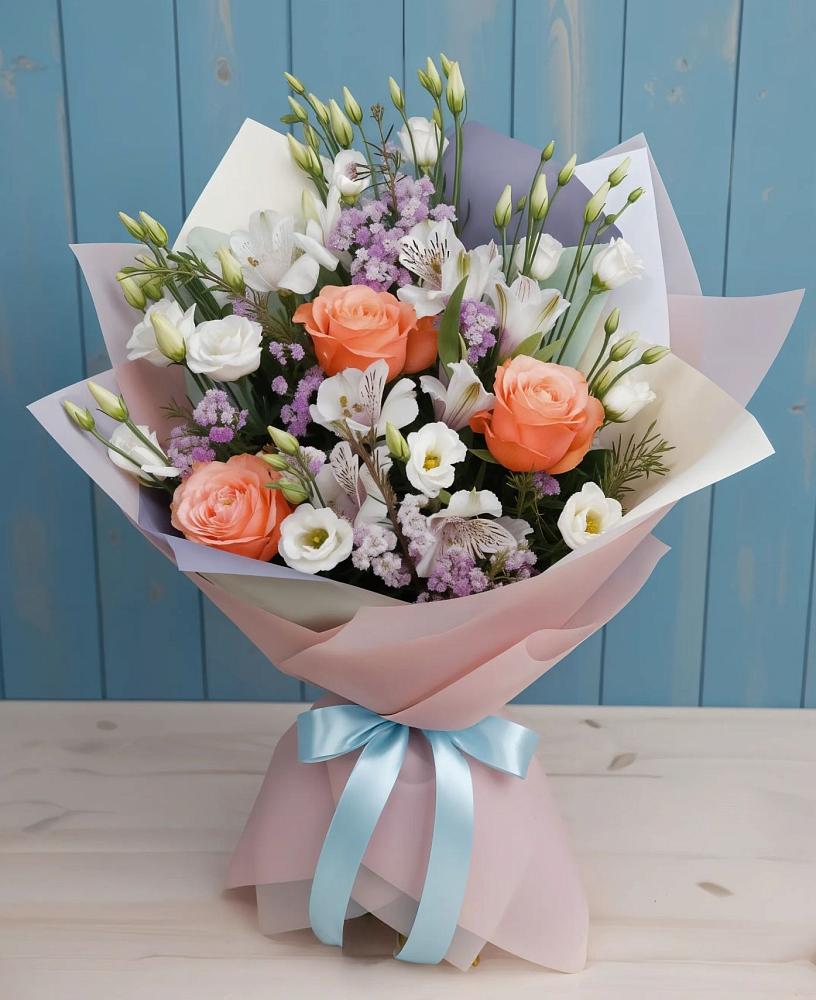 Букет цветов из: Лизиантусы, Розы, Альстромерии и Гипсофила в Менделеевске