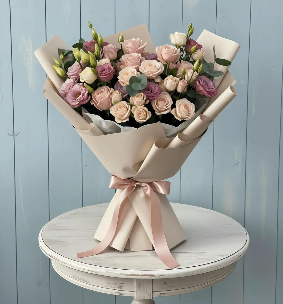 Букет цветов из: Розы и Лизиантусы в Менделеевске