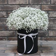 Цветочная композиция из Гипсофила в шляпной коробке в Менделеевске
