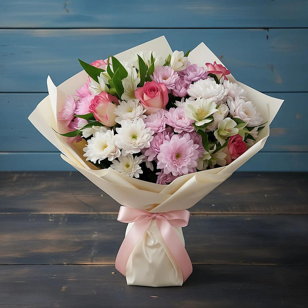 Букет цветов из: Хризантемы, Альстромерии и Розы в Менделеевске